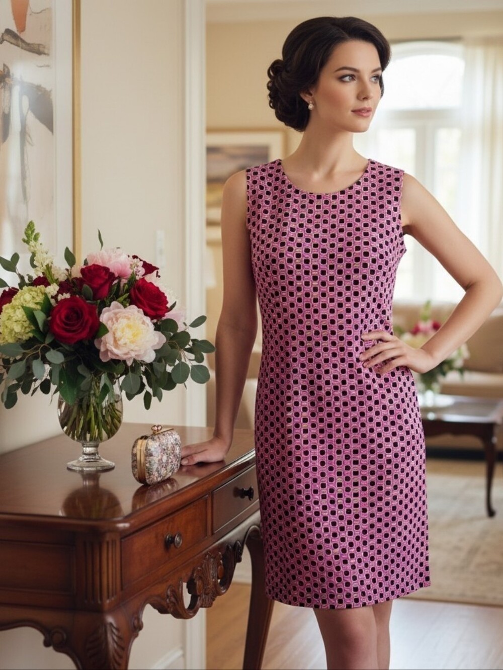 Adrienne Vittadini Pink & Black Geometric Modern Chic Mini Sheath Dress Size 4